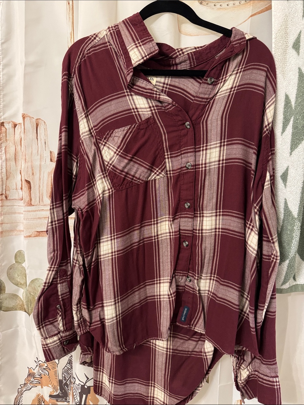 Magellan Outdoors Burgundy and Cream Plaid Button-Up Shirt